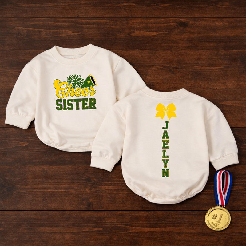 Custom Cheer Sister Romper for Babies & Toddlers, Personalized Game Day Outfit with Pom-Pom & Megaphone Artwork, Soft Cotton, Perfect Gift