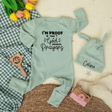 Custom Christian Baby Bodysuit with 'I’m Proof That God Answers Prayers' Quote, Soft Cotton Newborn Outfit, Baptism Gift, Personalized Hat