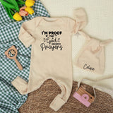 Custom Christian Baby Bodysuit with 'I’m Proof That God Answers Prayers' Quote, Soft Cotton Newborn Outfit, Baptism Gift, Personalized Hat