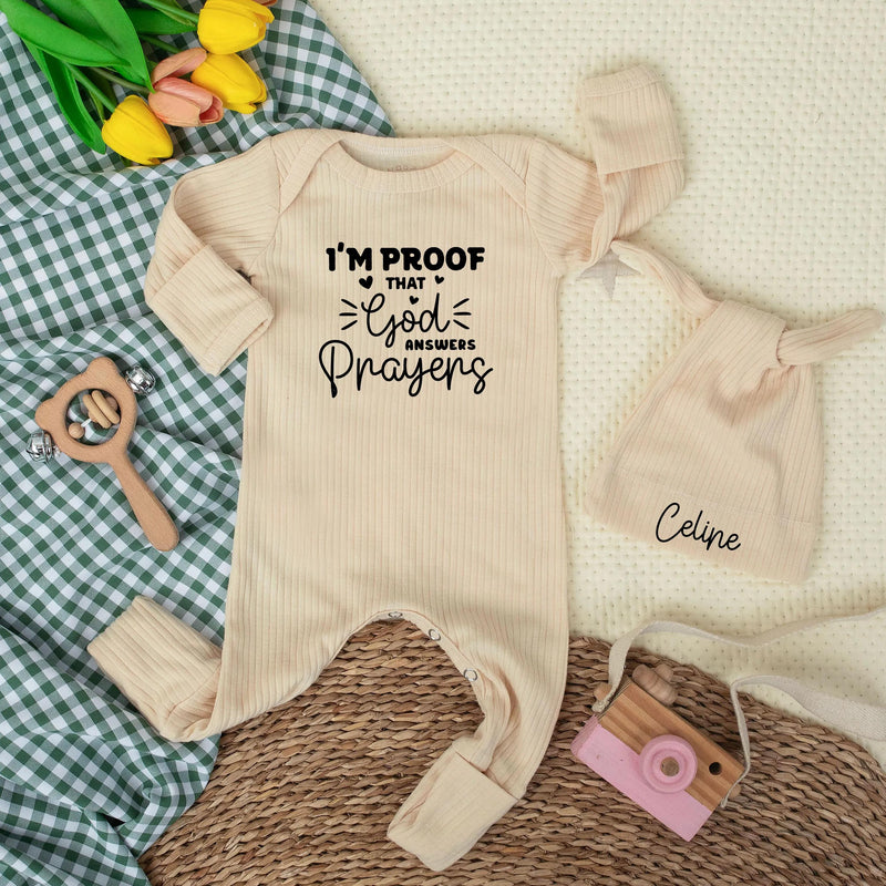 Custom Christian Baby Bodysuit with 'I’m Proof That God Answers Prayers' Quote, Soft Cotton Newborn Outfit, Baptism Gift, Personalized Hat