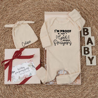Custom Christian Baby Bodysuit with 'I’m Proof That God Answers Prayers' Quote, Soft Cotton Newborn Outfit, Baptism Gift, Personalized Hat