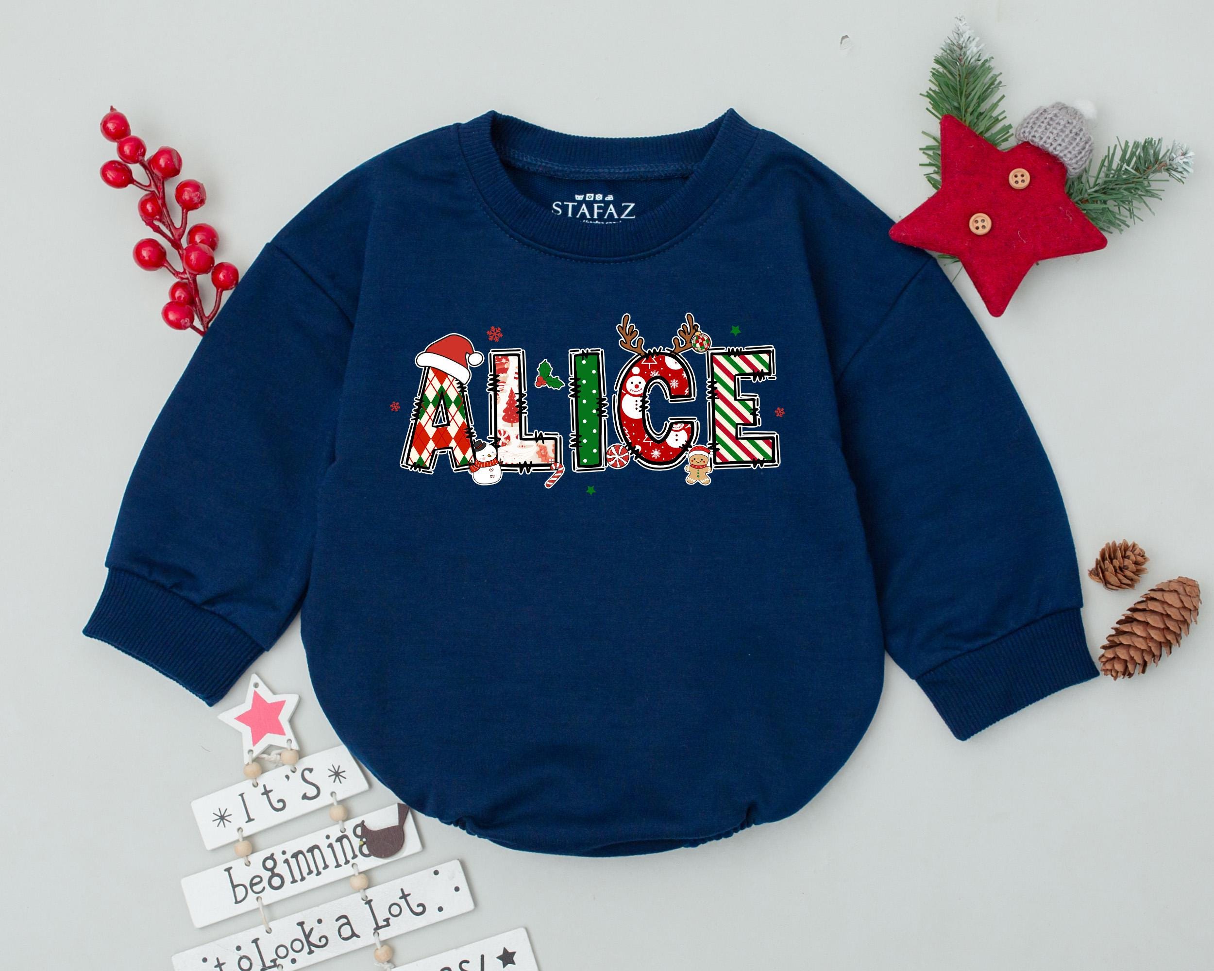 Custom Christmas Baby Romper ALICE Design Holiday Outfit Infant Toddler First Christmas Soft Cotton Festive Santa Reindeer Patterns