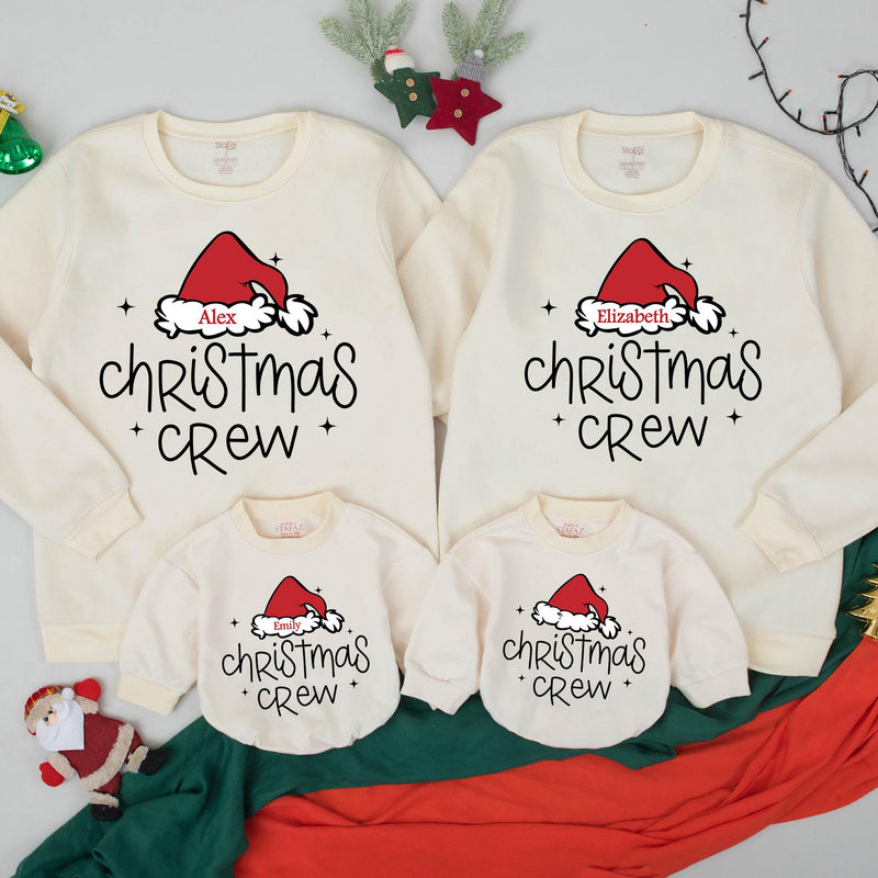 Custom Christmas Family Sweatshirts Personalized Santa Hat Outfit Holiday Crew Apparel for Mom Dad Kids Baby Toddler Festive Gift