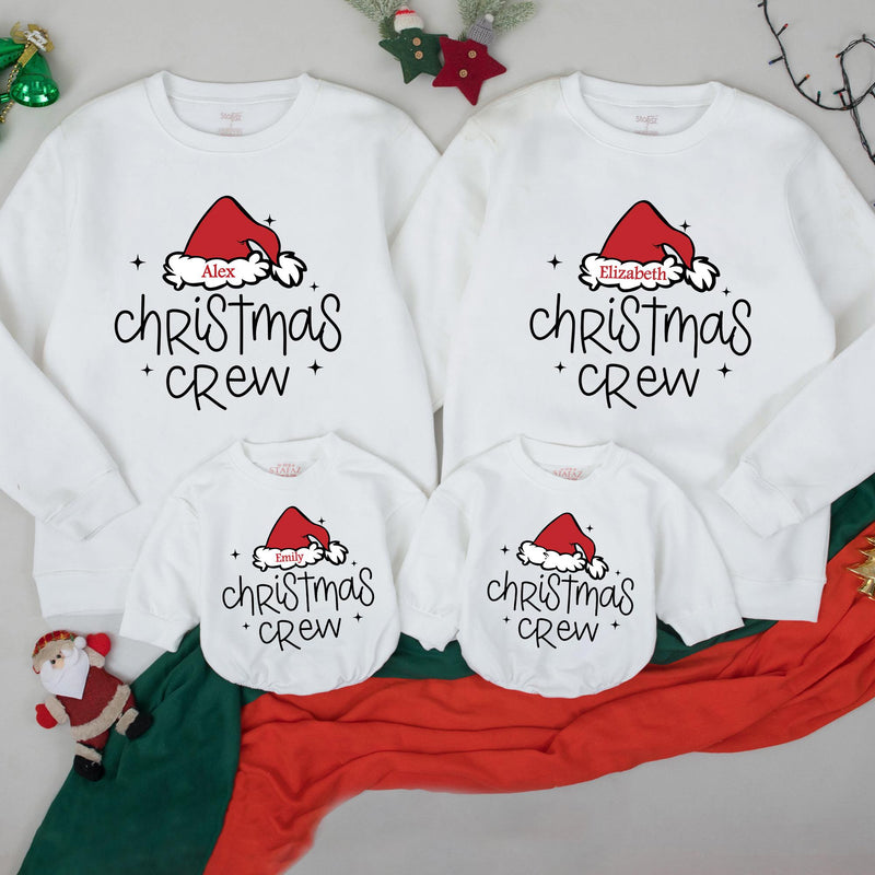 Custom Christmas Family Sweatshirts Personalized Santa Hat Outfit Holiday Crew Apparel for Mom Dad Kids Baby Toddler Festive Gift