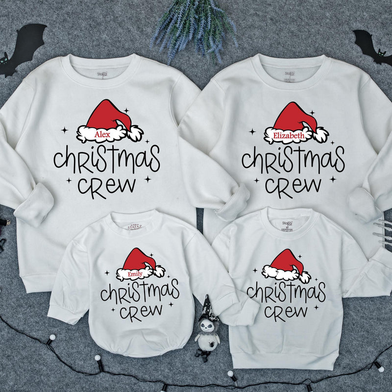 Custom Christmas Family Sweatshirts Personalized Santa Hat Outfit Holiday Crew Apparel for Mom Dad Kids Baby Toddler Festive Gift