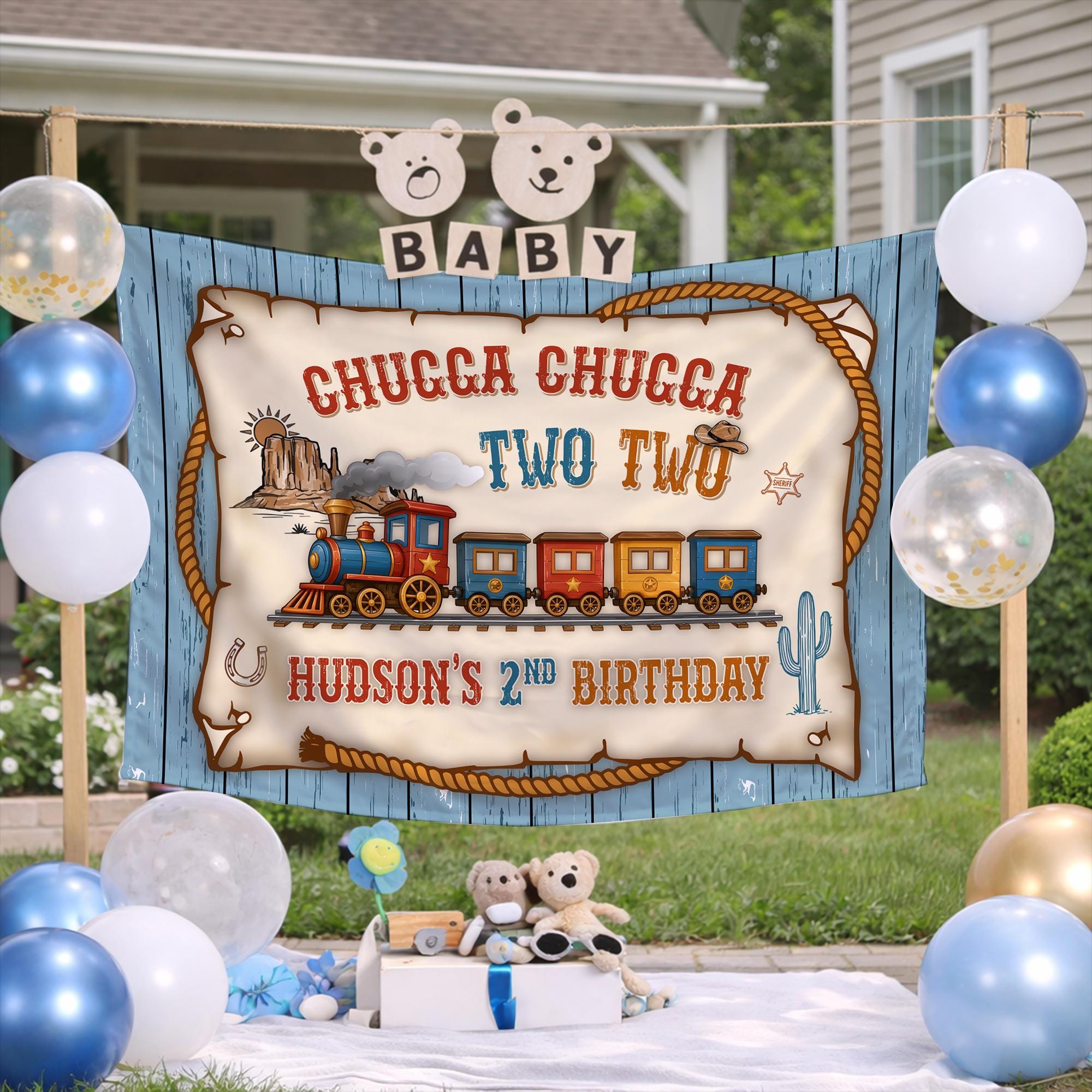Custom Chugga Chugga Two Two Train Birthday Banner for Kids, Western Vintage Arch Backdrop, 2nd Birthday Party Decoration Silk Banner