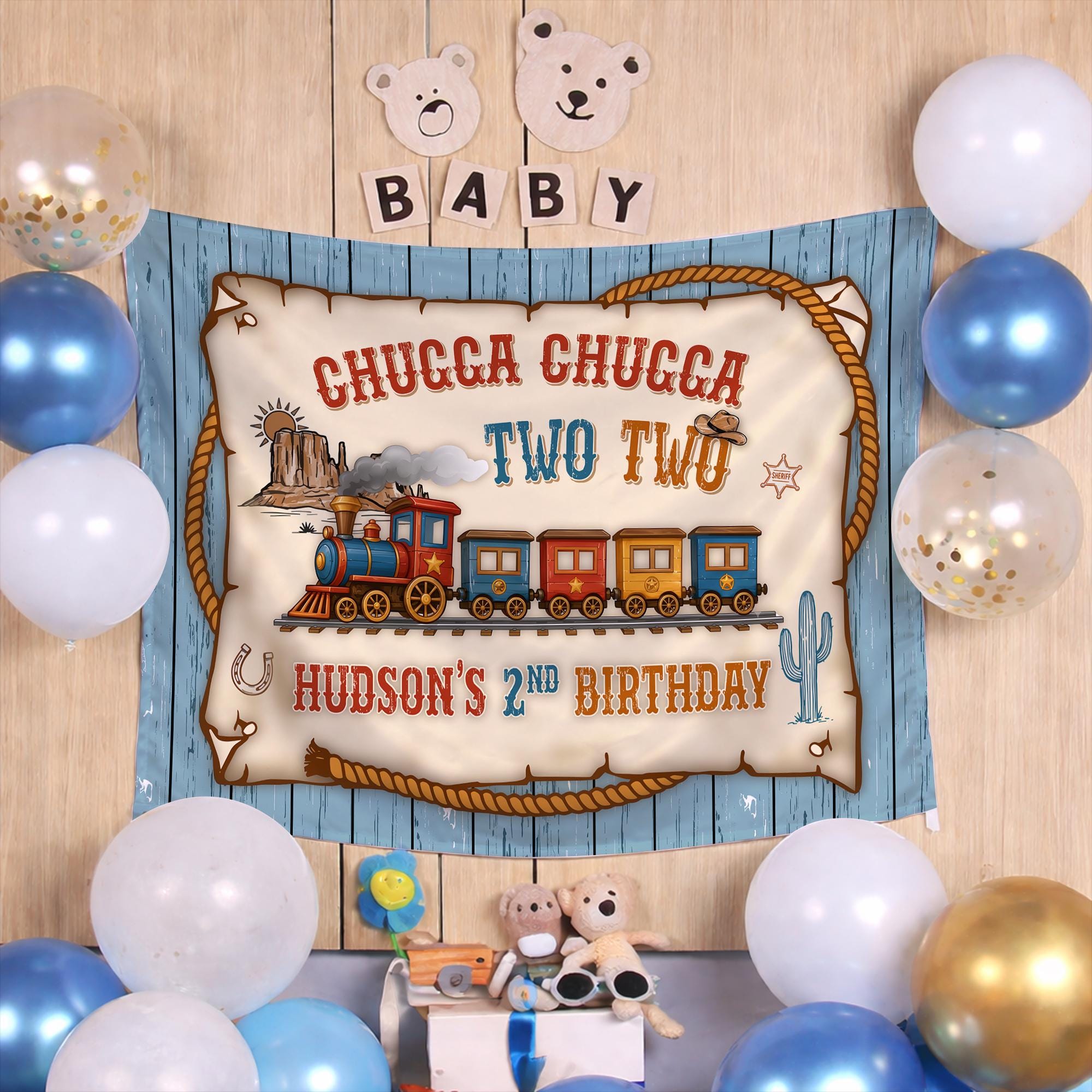 Custom Chugga Chugga Two Two Train Birthday Banner for Kids, Western Vintage Arch Backdrop, 2nd Birthday Party Decoration Silk Banner