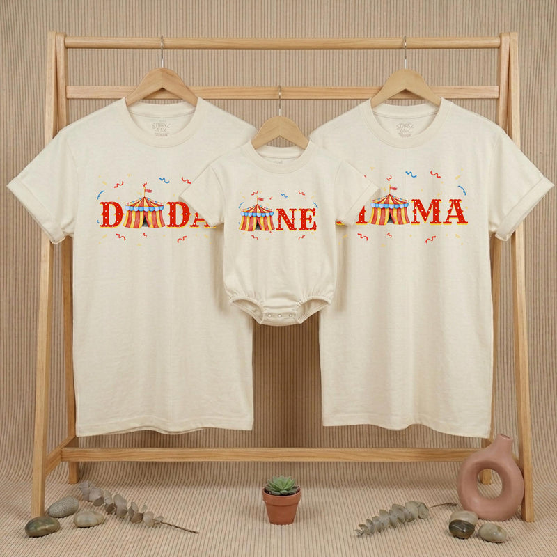 Custom Circus Theme Family Birthday Shirts with Red Yellow Carnival Tent Design Dada Mama One Matching Big Top Party Outfit for Baby and Toddler