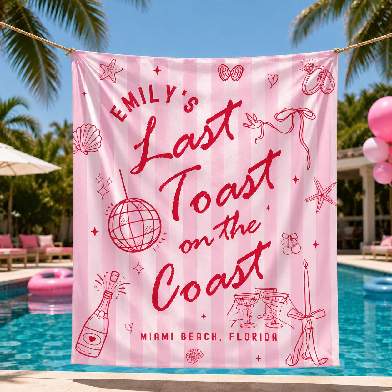 Custom Coastal Bachelorette Party Banner Emily's Last Toast on the Coast Miami Beach Decor Bridal Weekend Backdrop Beach Theme Sign
