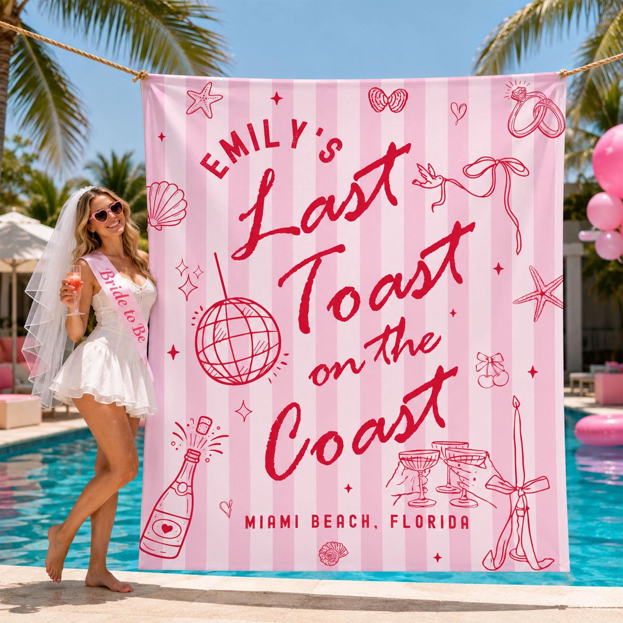 Custom Coastal Bachelorette Party Banner Emily's Last Toast on the Coast Miami Beach Decor Bridal Weekend Backdrop Beach Theme Sign