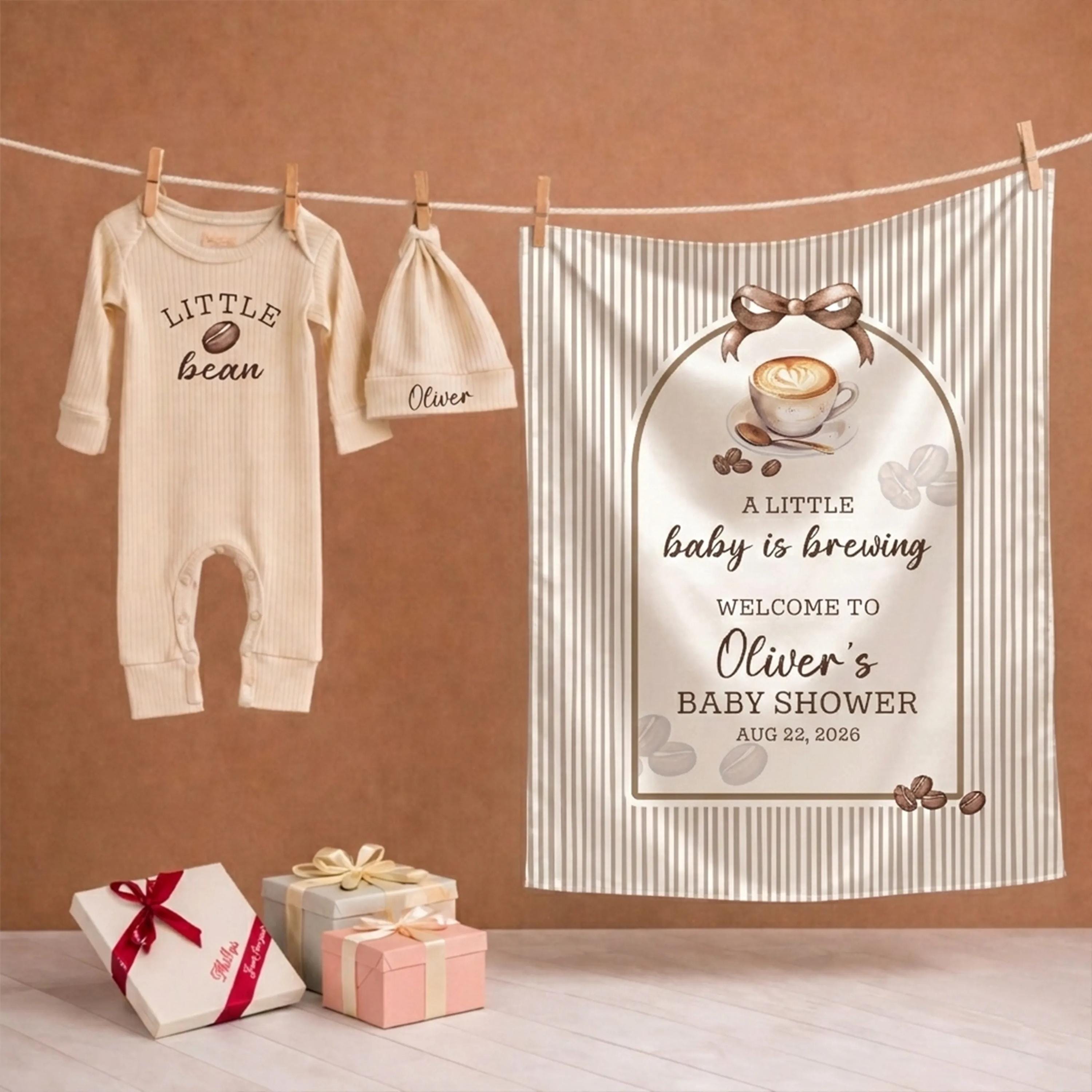 Custom Coffee-Themed Baby Bodysuit and Hat with Silk Banner Personalized Little Bean Shower Decor or Latte Party Backdrop Gift Set