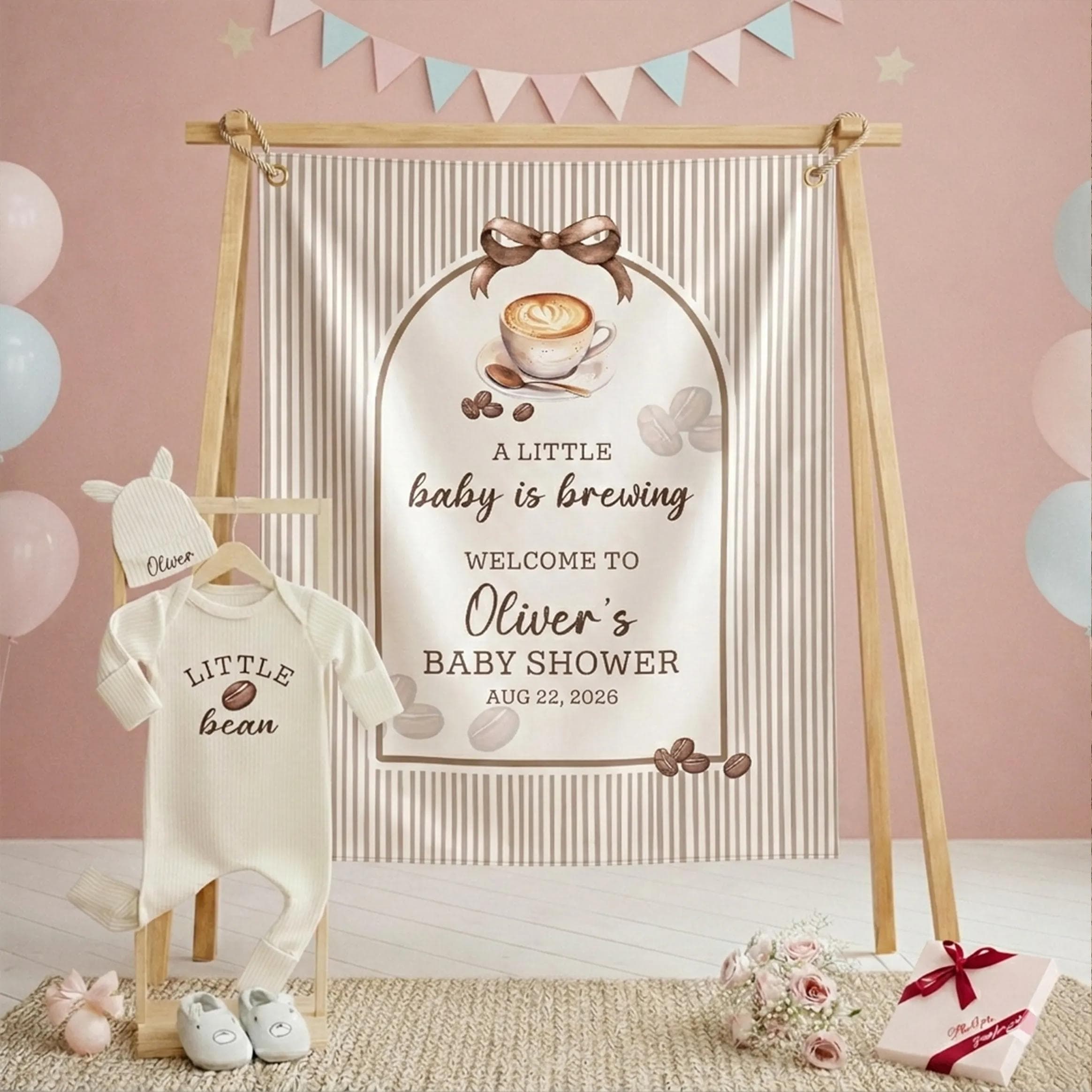 Custom Coffee-Themed Baby Bodysuit and Hat with Silk Banner Personalized Little Bean Shower Decor or Latte Party Backdrop Gift Set