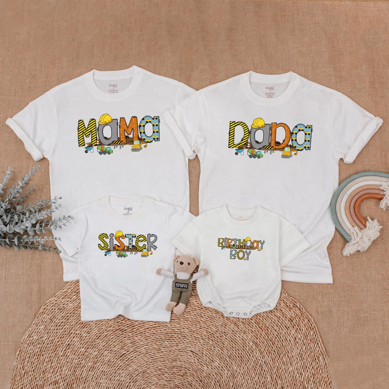 Custom Construction Birthday Boy Shirt with Matching Family Designs, Personalized Hard Hat Graphics Toddler Baby Outfit Party Gift
