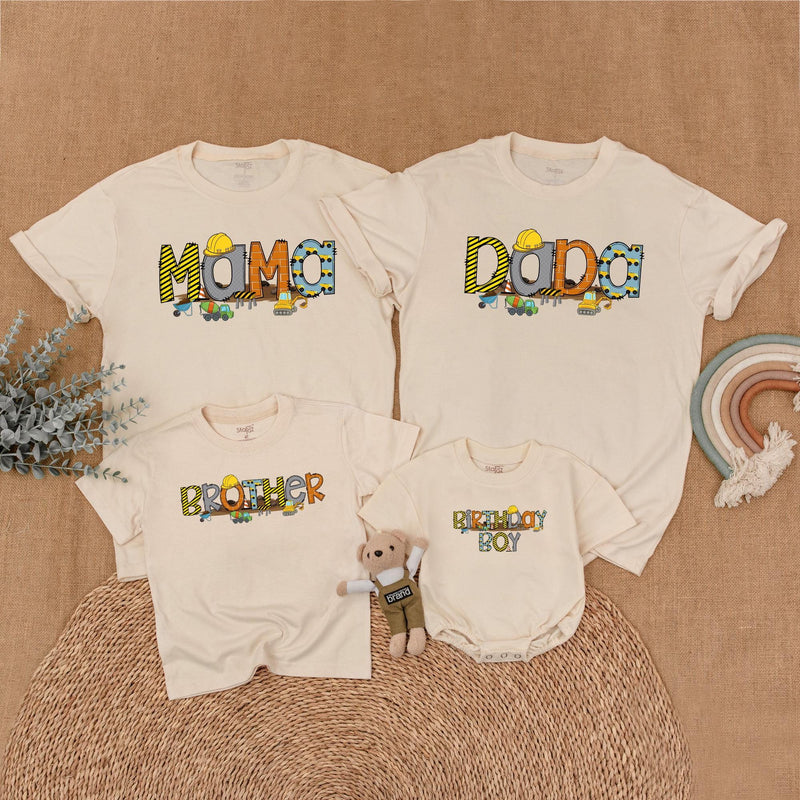 Custom Construction Birthday Boy Shirt with Matching Family Designs, Personalized Hard Hat Graphics Toddler Baby Outfit Party Gift