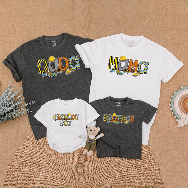 Custom Construction Birthday Boy Shirt with Matching Family Designs, Personalized Hard Hat Graphics Toddler Baby Outfit Party Gift