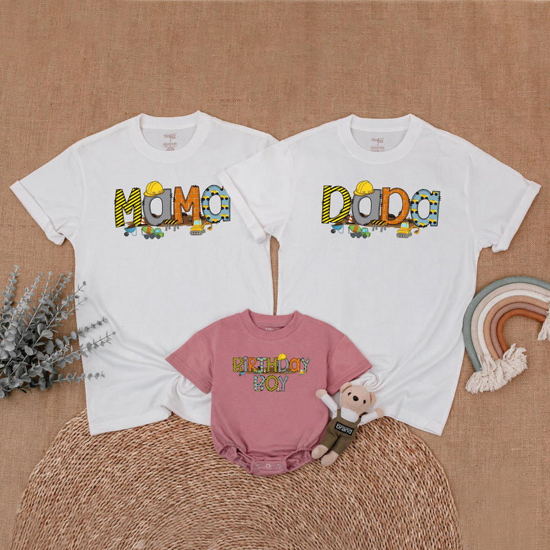 Custom Construction Birthday Boy Shirt with Matching Family Designs, Personalized Hard Hat Graphics Toddler Baby Outfit Party Gift
