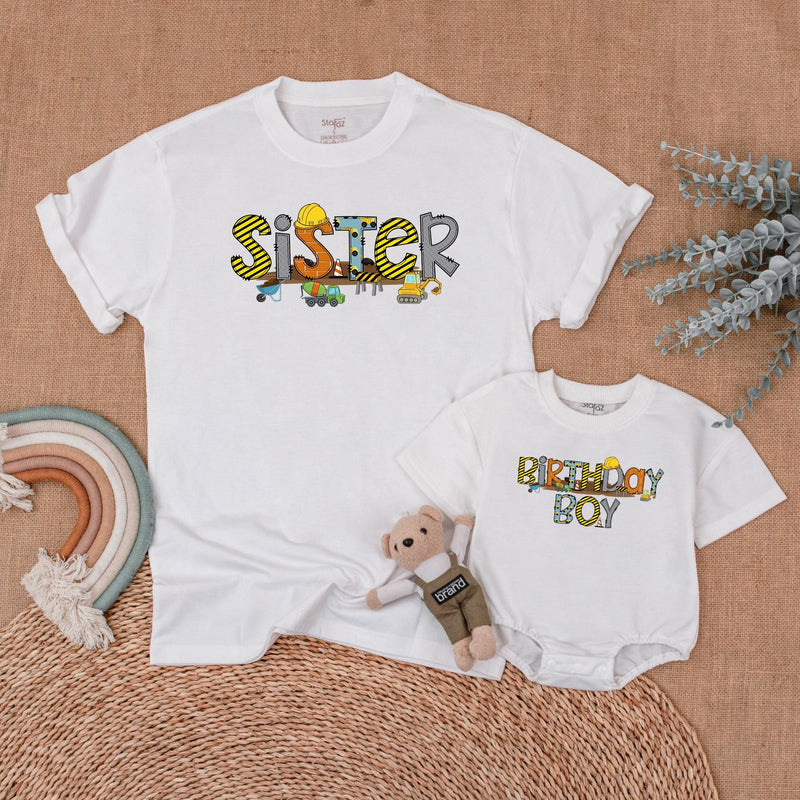 Custom Construction Birthday Boy Shirt with Matching Family Designs, Personalized Hard Hat Graphics Toddler Baby Outfit Party Gift
