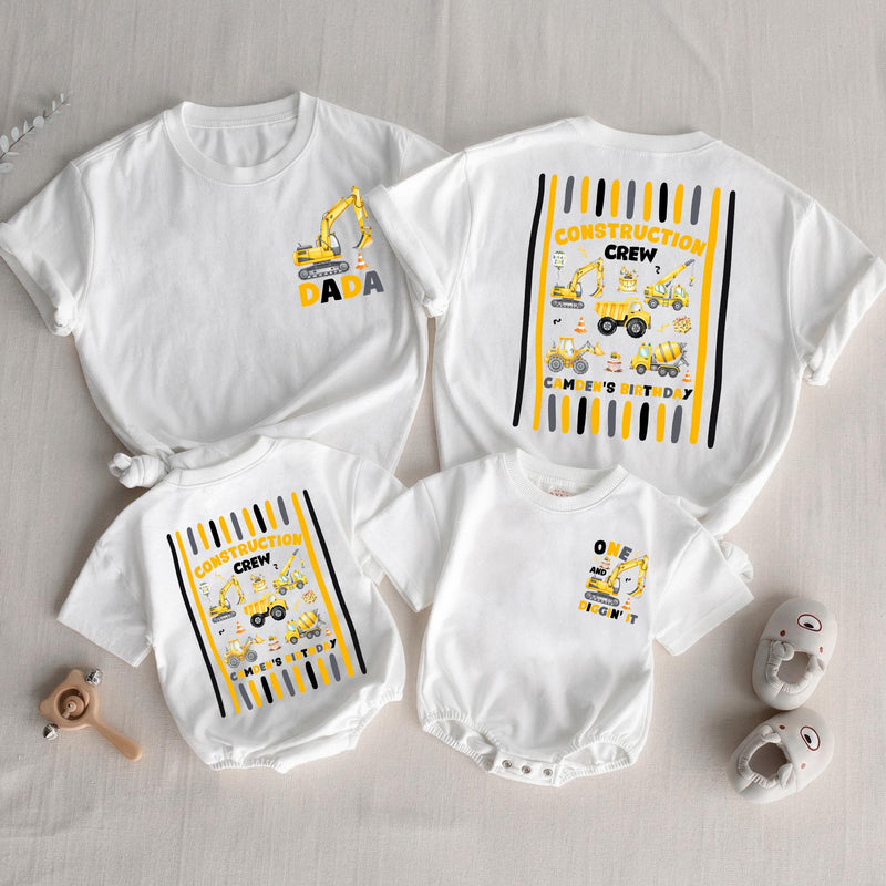 Custom Construction Crew Shirt with Excavator Graphic, Baby Romper or Kids' Tee for 1st Birthday, Soft Cotton Family Matching Outfit