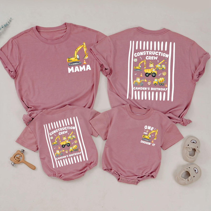 Custom Construction Crew Shirt with Excavator Graphic, Baby Romper or Kids' Tee for 1st Birthday, Soft Cotton Family Matching Outfit