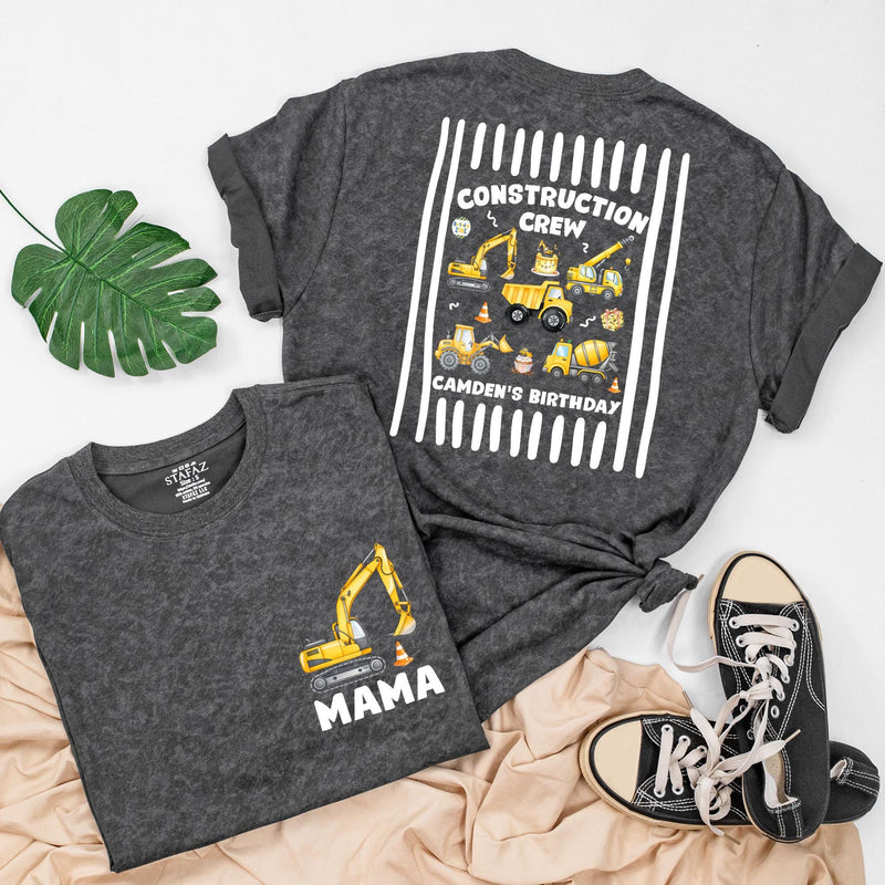 Custom Construction Crew Shirt with Excavator Graphic, Baby Romper or Kids' Tee for 1st Birthday, Soft Cotton Family Matching Outfit