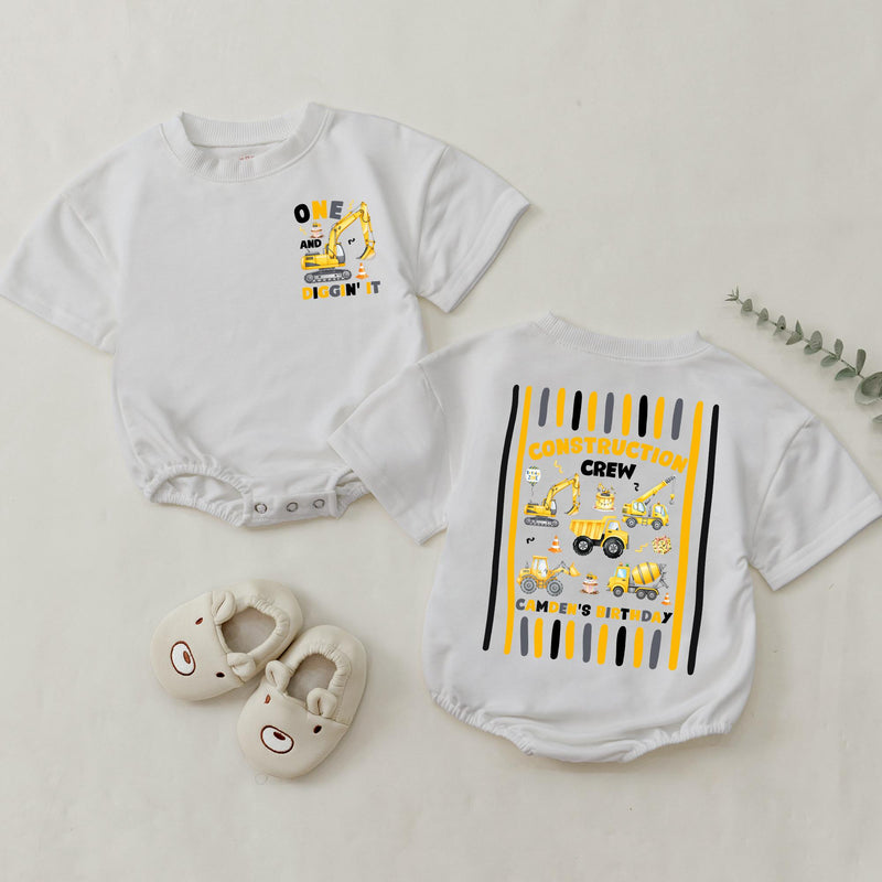 Custom Construction Crew Shirt with Excavator Graphic, Baby Romper or Kids' Tee for 1st Birthday, Soft Cotton Family Matching Outfit