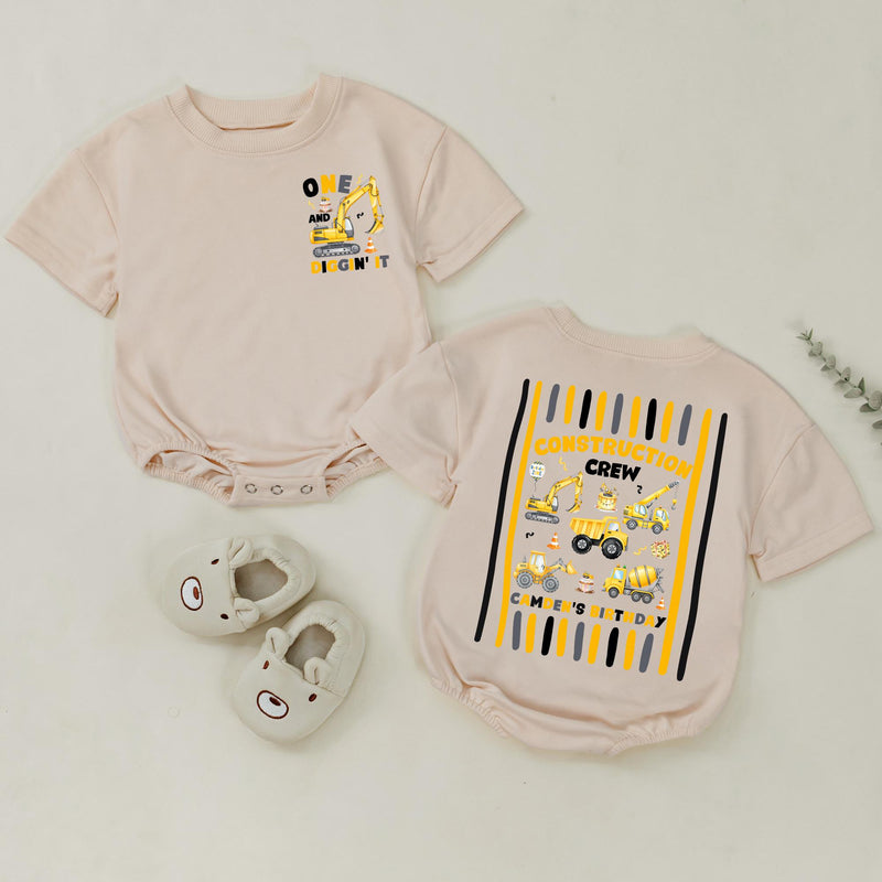 Custom Construction Crew Shirt with Excavator Graphic, Baby Romper or Kids' Tee for 1st Birthday, Soft Cotton Family Matching Outfit