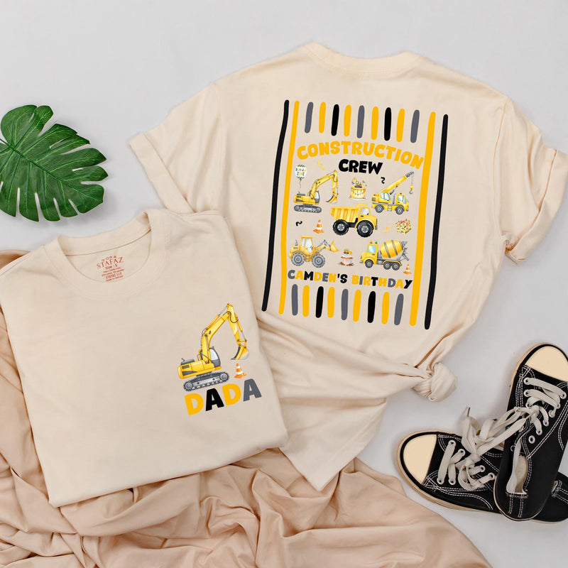 Custom Construction Crew Shirt with Excavator Graphic, Baby Romper or Kids' Tee for 1st Birthday, Soft Cotton Family Matching Outfit