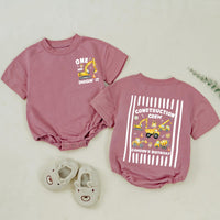 Custom Construction Crew Shirt with Excavator Graphic, Baby Romper or Kids' Tee for 1st Birthday, Soft Cotton Family Matching Outfit