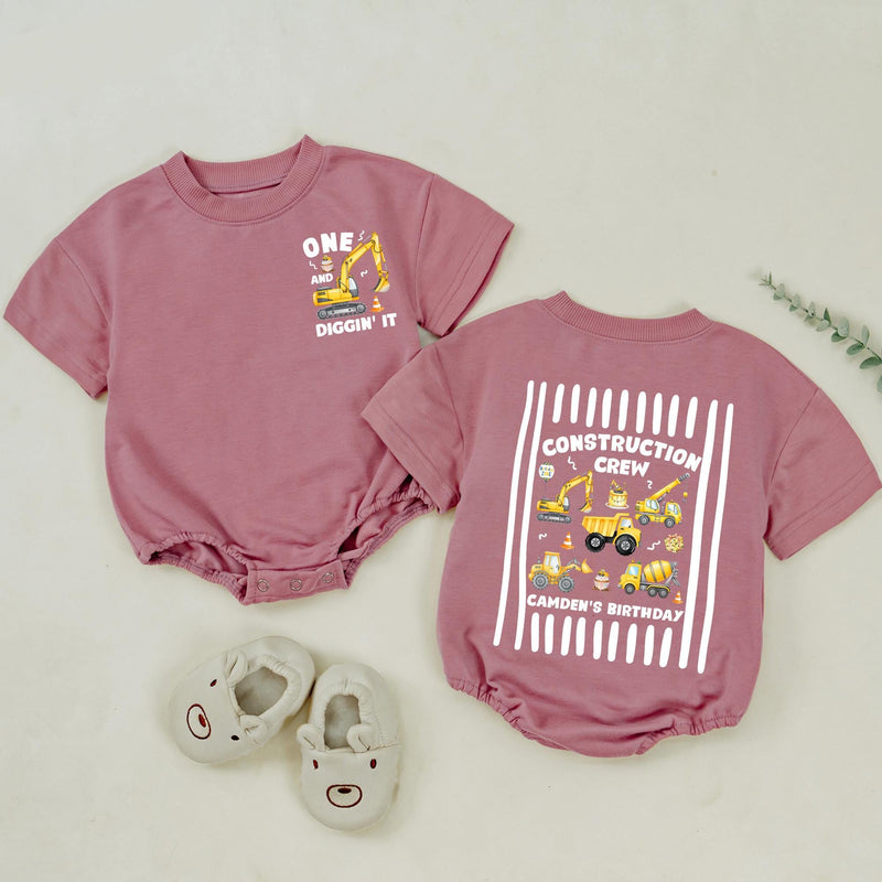 Custom Construction Crew Shirt with Excavator Graphic, Baby Romper or Kids' Tee for 1st Birthday, Soft Cotton Family Matching Outfit