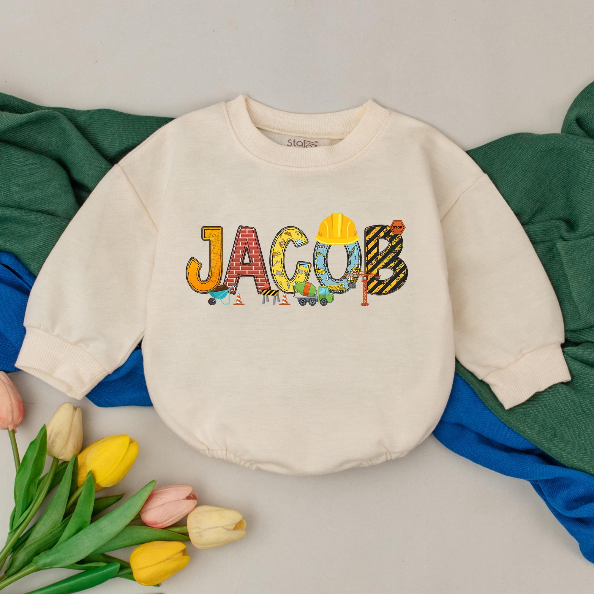 Custom Construction Name Romper for Birthday Boy with Excavator and Dump Truck Design Soft Cotton Bodysuit Ideal Baby Shower Gift