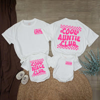 Custom Cool Auntie and Niece Matching Shirts with Retro 70s Groovy Hot Pink Checkerboard Design, Personalized Names, Fun Family Gift