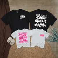 Custom Cool Auntie and Niece Matching Shirts with Retro 70s Groovy Hot Pink Checkerboard Design, Personalized Names, Fun Family Gift