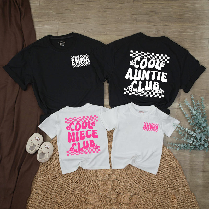 Custom Cool Auntie and Niece Matching Shirts with Retro 70s Groovy Hot Pink Checkerboard Design, Personalized Names, Fun Family Gift