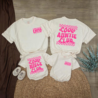 Custom Cool Auntie and Niece Matching Shirts with Retro 70s Groovy Hot Pink Checkerboard Design, Personalized Names, Fun Family Gift