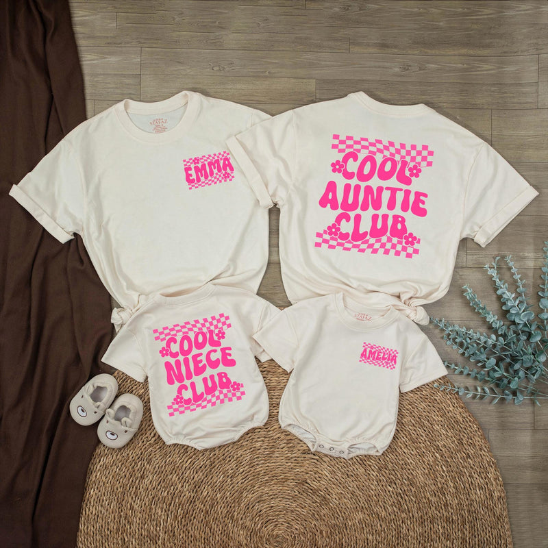 Custom Cool Auntie and Niece Matching Shirts with Retro 70s Groovy Hot Pink Checkerboard Design, Personalized Names, Fun Family Gift