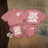 Custom Cool Auntie and Niece Matching Shirts with Retro 70s Groovy Hot Pink Checkerboard Design, Personalized Names, Fun Family Gift