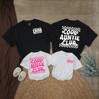 Custom Cool Auntie and Niece Matching Shirts with Retro 70s Groovy Hot Pink Checkerboard Design, Personalized Names, Fun Family Gift