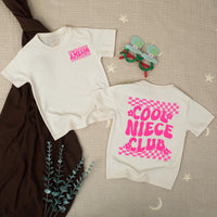 Custom Cool Auntie and Niece Matching Shirts with Retro 70s Groovy Hot Pink Checkerboard Design, Personalized Names, Fun Family Gift