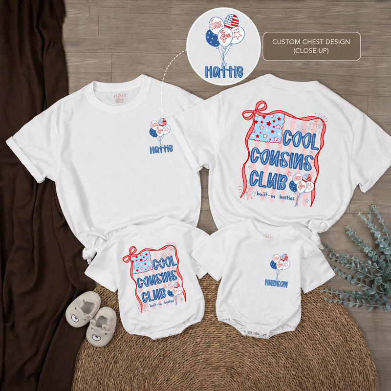 Custom Cool Cousins Club Shirts for Kids and Adults, Matching 4th of July Family Outfits, Soft Cotton Patriotic Rompers and Tees