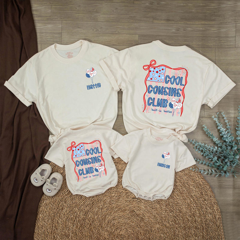 Custom Cool Cousins Club Shirts for Kids and Adults, Matching 4th of July Family Outfits, Soft Cotton Patriotic Rompers and Tees