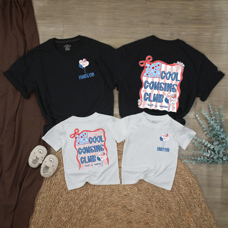 Custom Cool Cousins Club Shirts for Kids and Adults, Matching 4th of July Family Outfits, Soft Cotton Patriotic Rompers and Tees