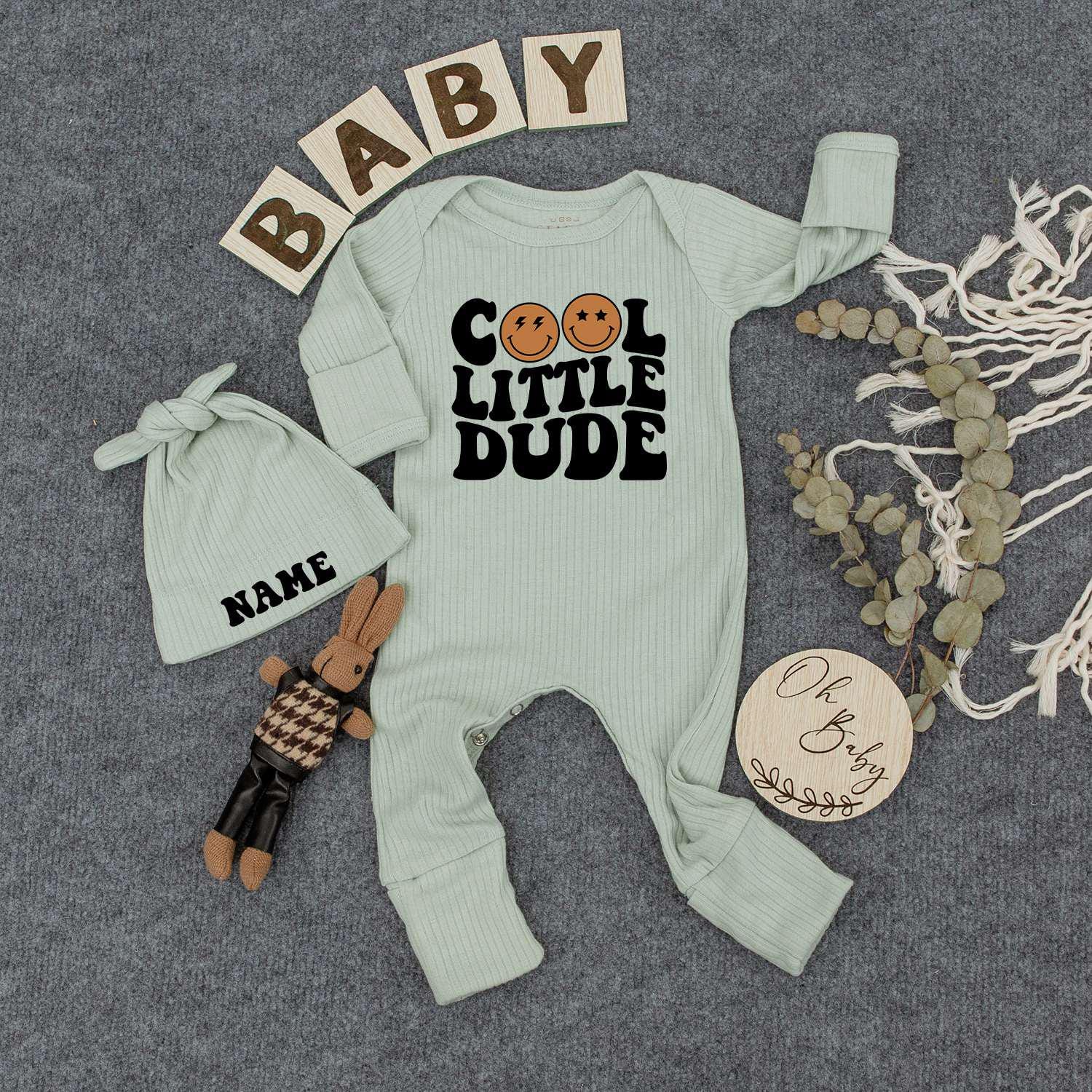 Custom Cool Little Dude Baby Bodysuit and Hat Set Fun Newborn Gift Light Design Pregnancy Announcement Outfit for Boys Personalized Name