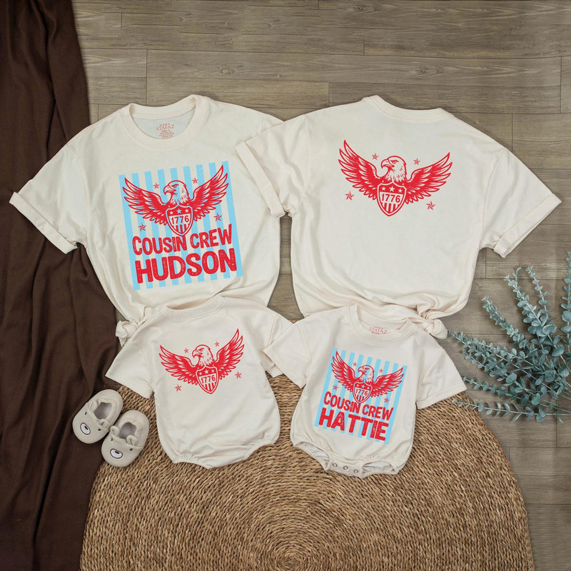 Custom Cousin Crew 4th of July Matching Shirts with Patriotic Eagle Design, Soft Cotton Baby Rompers and Toddler Tees for Independence Day