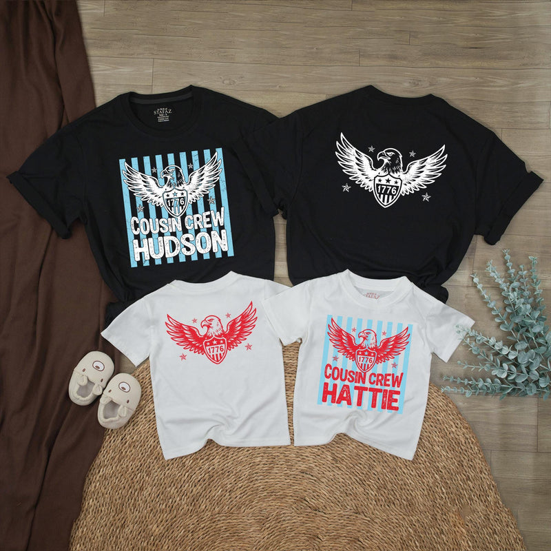 Custom Cousin Crew 4th of July Matching Shirts with Patriotic Eagle Design, Soft Cotton Baby Rompers and Toddler Tees for Independence Day