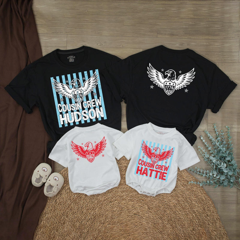 Custom Cousin Crew 4th of July Matching Shirts with Patriotic Eagle Design, Soft Cotton Baby Rompers and Toddler Tees for Independence Day