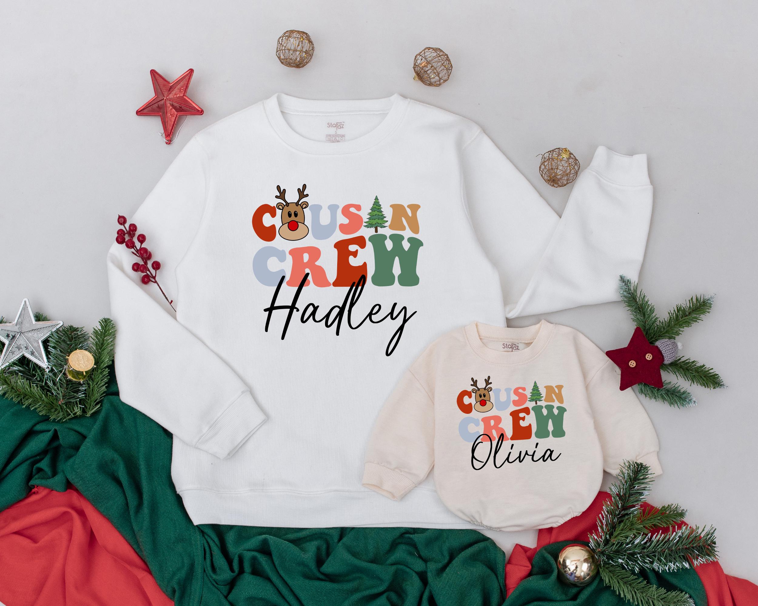 Custom Cousin Crew Christmas Sweatshirt Personalized Family Holiday Outfit Playful Colors Festive Design Reindeer Tree Kids Toddler