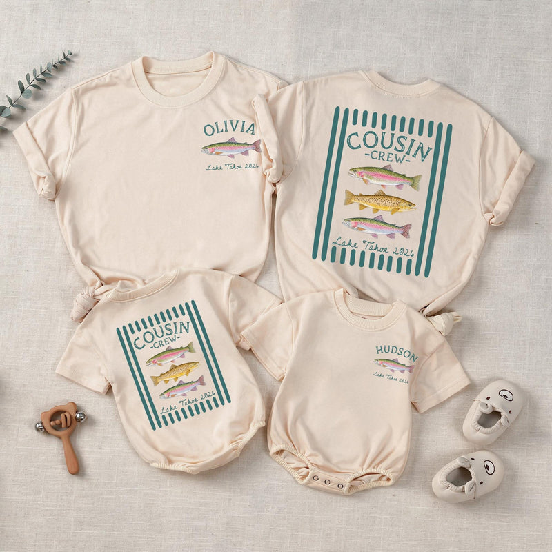 Custom Cousin Crew Lake Trip Shirts with Names, Soft Cotton Matching Family Tee & Baby Romper, Summer Vacation Outfit for Kids & Adults