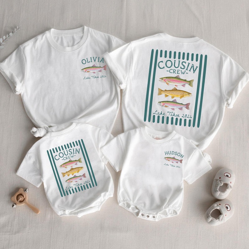 Custom Cousin Crew Lake Trip Shirts with Names, Soft Cotton Matching Family Tee & Baby Romper, Summer Vacation Outfit for Kids & Adults
