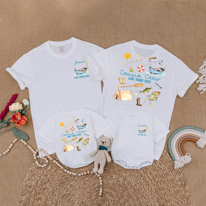 Custom Cousin Crew Matching Lake Tahoe 2025 Shirts for Family Trips, Personalized Summer Vacation Outfits with Whimsical Camping Designs