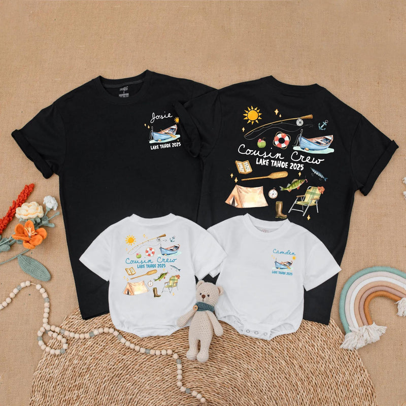 Custom Cousin Crew Matching Lake Tahoe 2025 Shirts for Family Trips, Personalized Summer Vacation Outfits with Whimsical Camping Designs